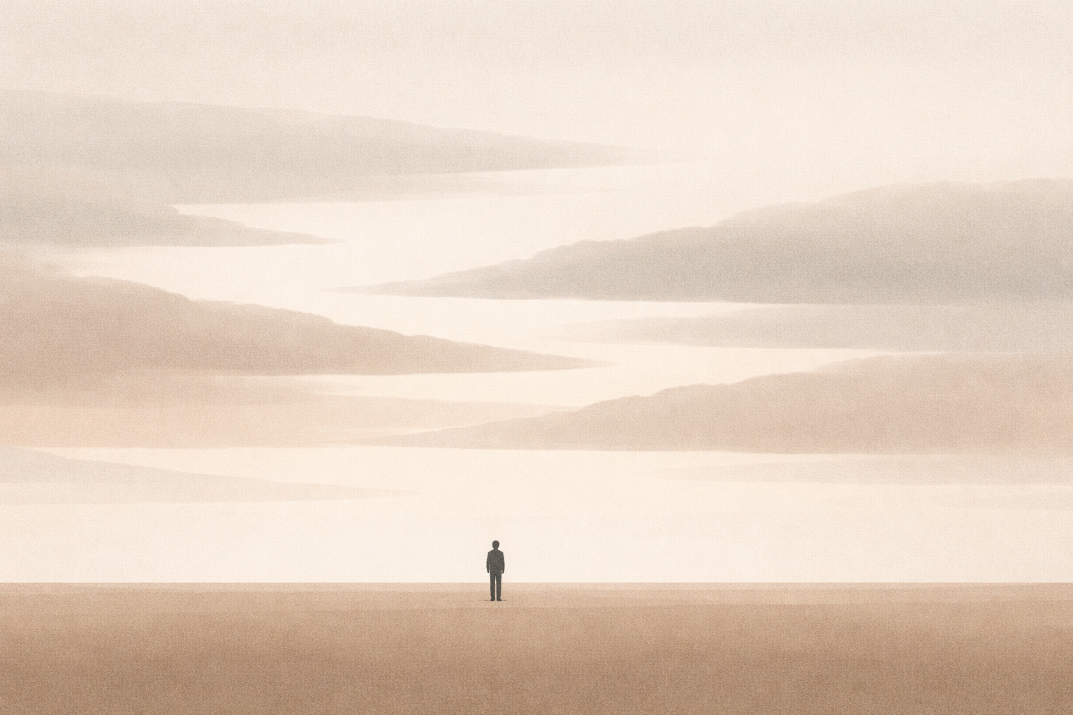 Minimal atmospheric illustration representing structured internal conditions with horizontal bands and a still human silhouette.