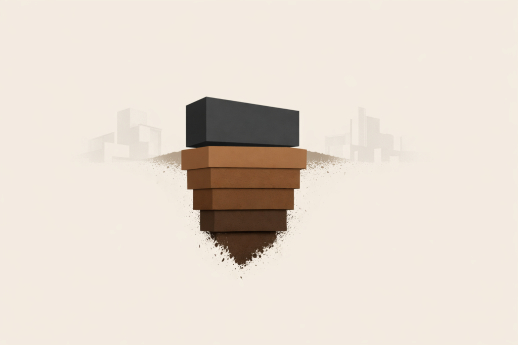 Minimalist illustration of a solid structure anchored into deep layered foundation representing stability systems and disciplined structure