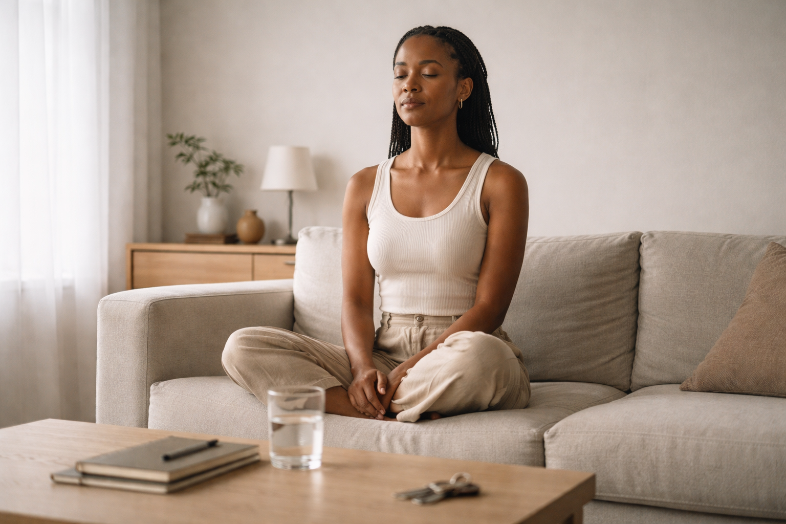 Stillness is a decision shown through a person sitting quietly in a calm indoor space with controlled presence.