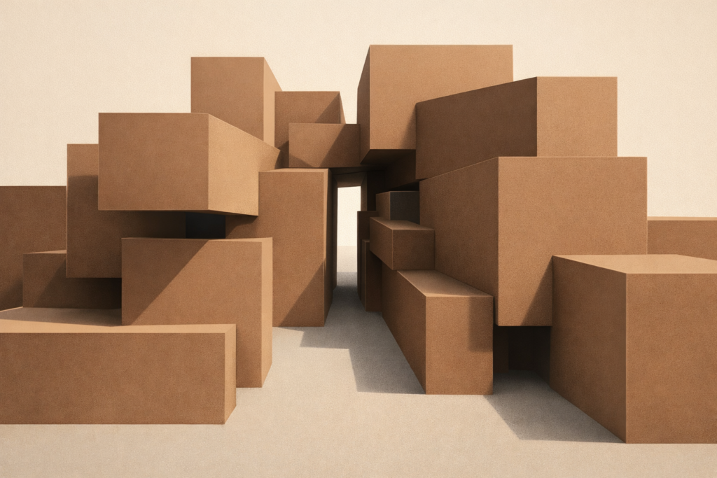 Minimalist architectural illustration of structural overload with compressed horizontal bands in the sky and a lone figure below, representing loss of clarity and system pressure