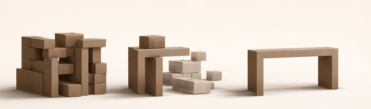 why you feel stuck framework showing progression from overload to clarity in a minimalist structural system