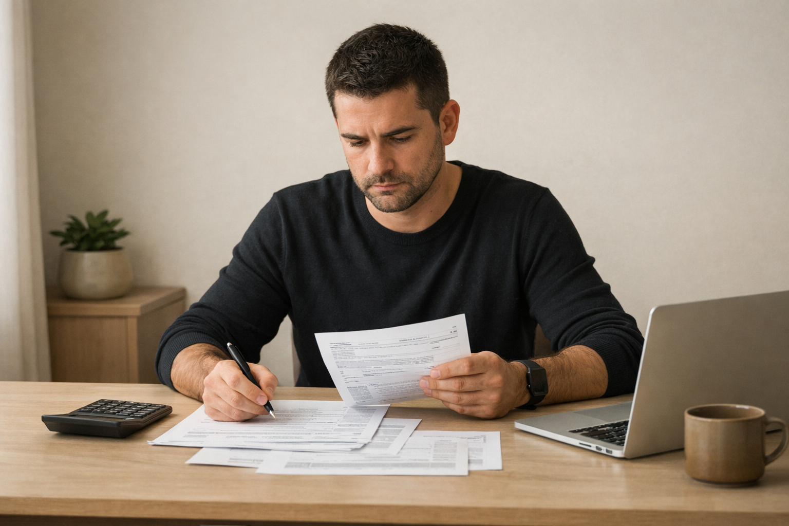 Man reviewing tax documents at a clean desk, reflecting financial accountability and structured money management during tax season