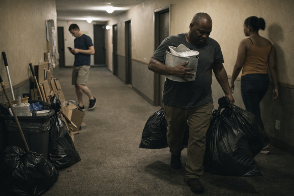 Resident carrying multiple trash bags through an apartment hallway while others walk past disengaged, illustrating unequal shared responsibility