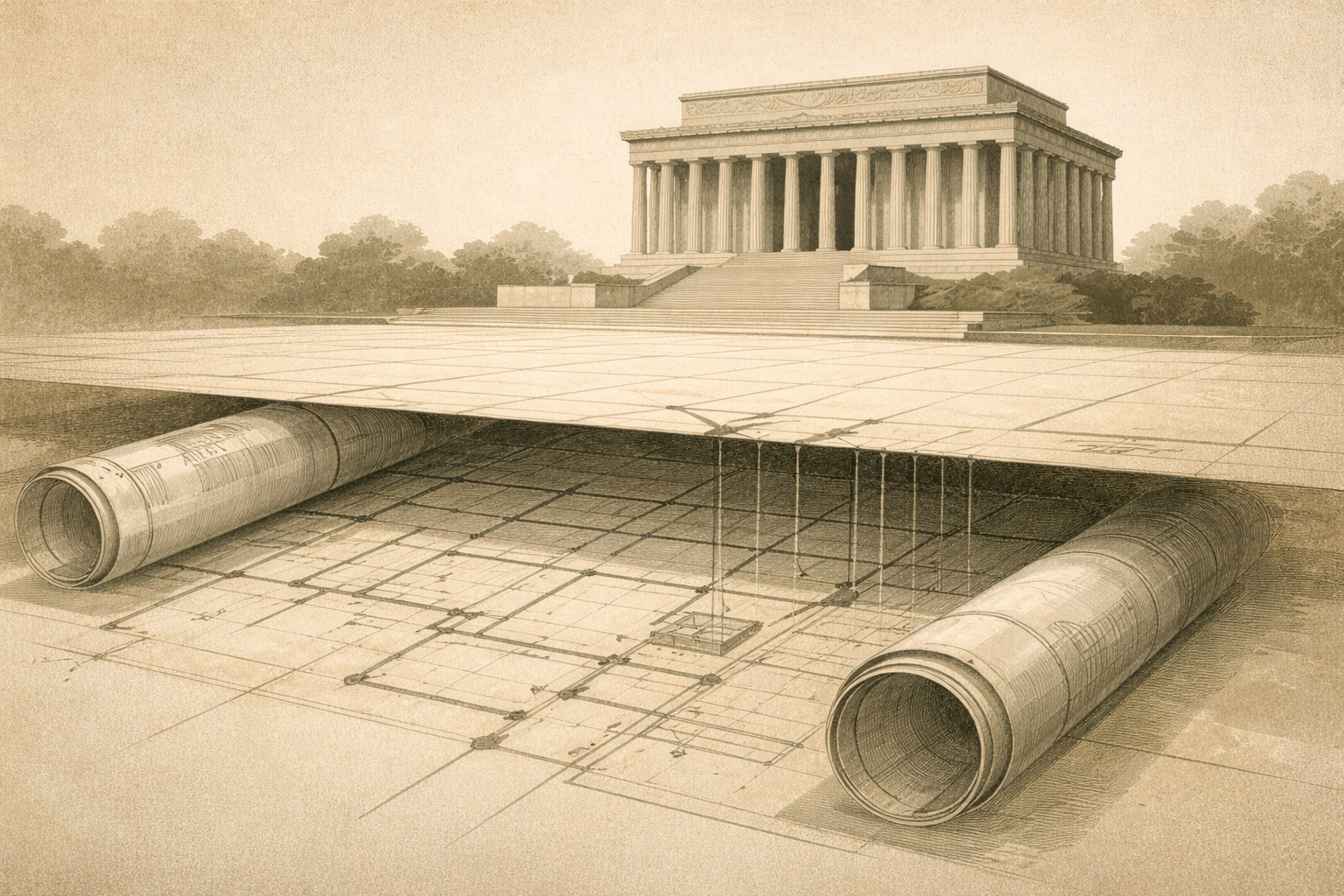 Hidden foundation beneath a civic monument representing uncredited builders of public history