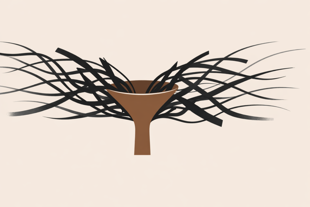 Minimalist illustration showing chaotic content streams dominating attention flow in the attention economy.