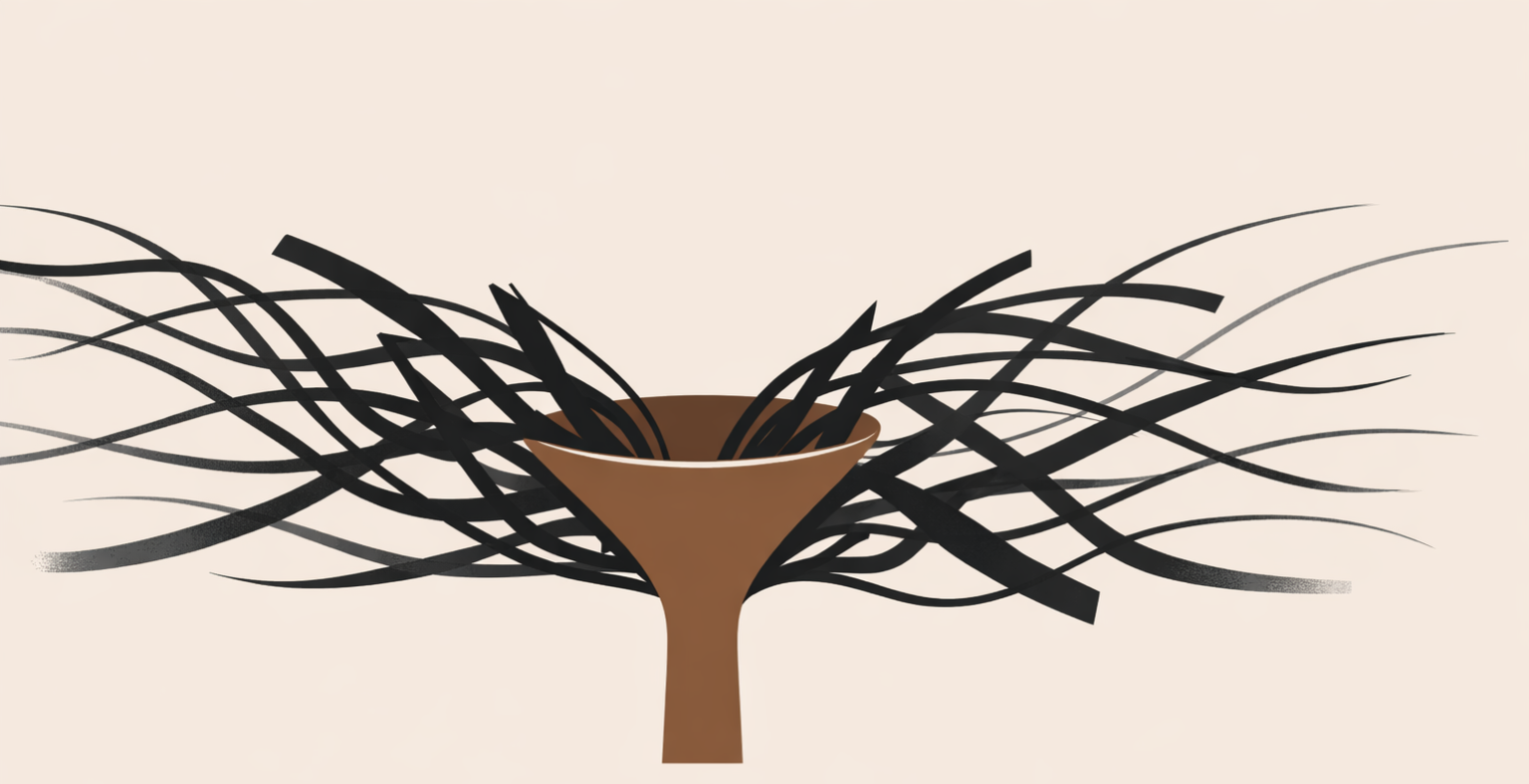 Minimalist illustration showing chaotic and structured content streams competing for attention flow