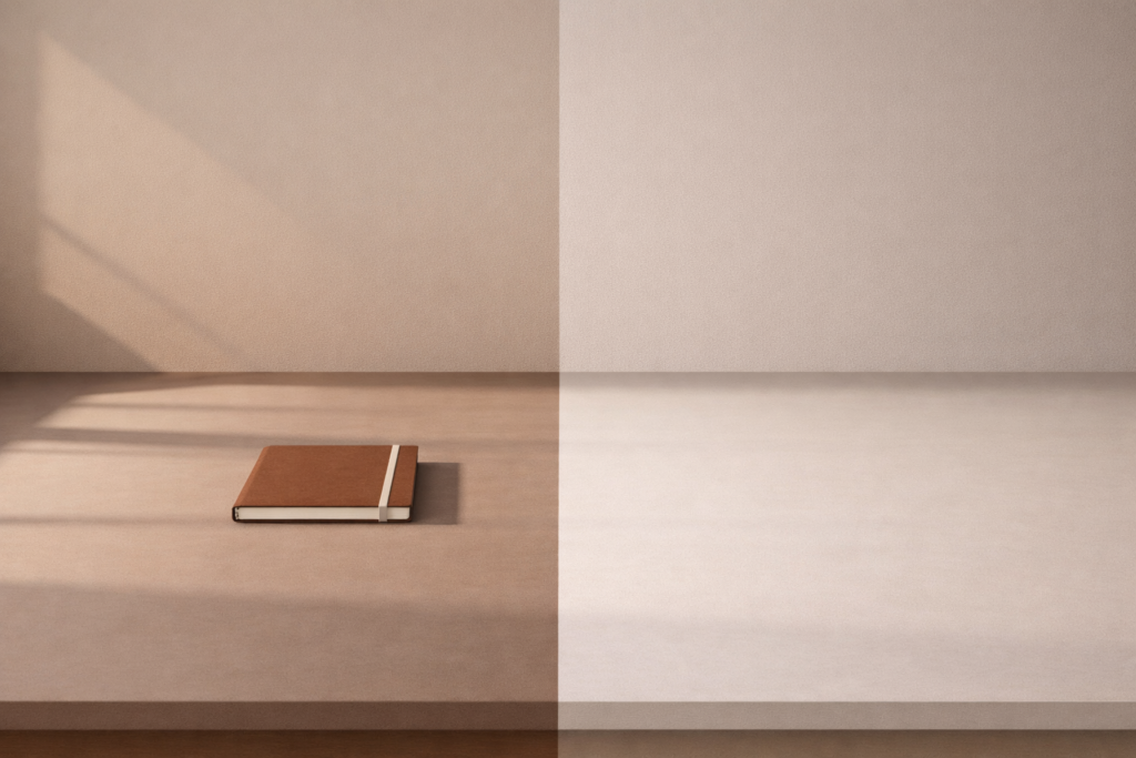 time boundary discipline shown through a minimalist workspace divided into an active zone and an intentionally empty zone