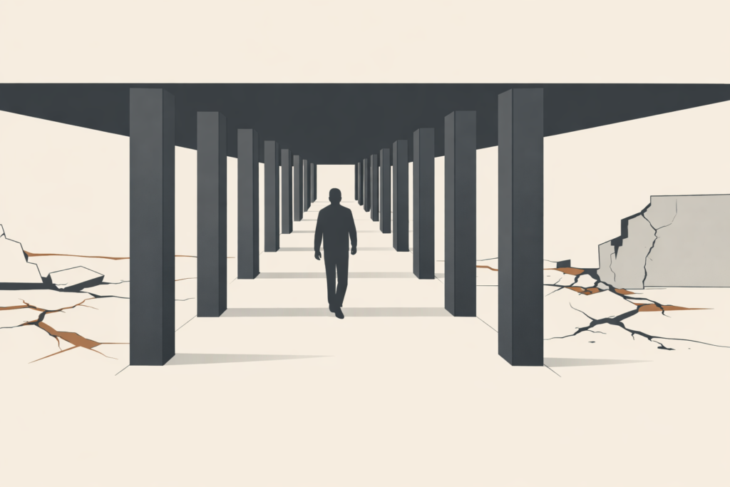 Minimalist architectural corridor of evenly spaced columns forming a stable pathway, with a lone figure walking forward while visible instability and cracks exist outside the structured environment.