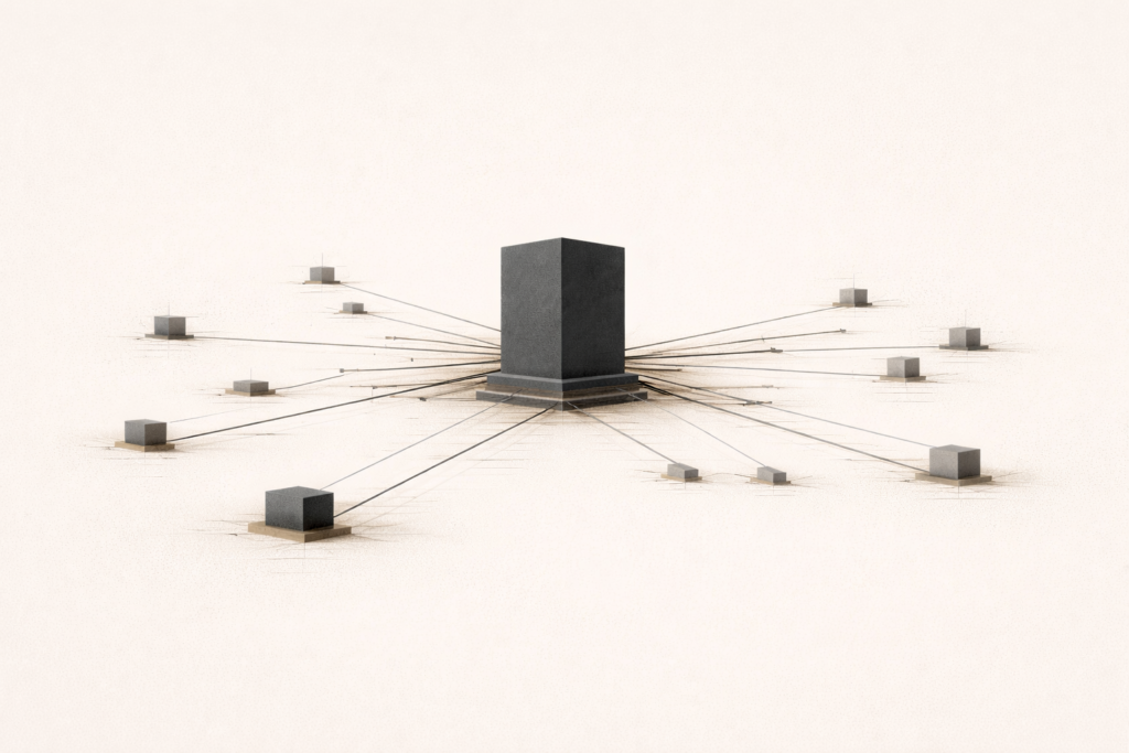 Minimalist architectural illustration comparing historical slavery systems by scale and structural impact.