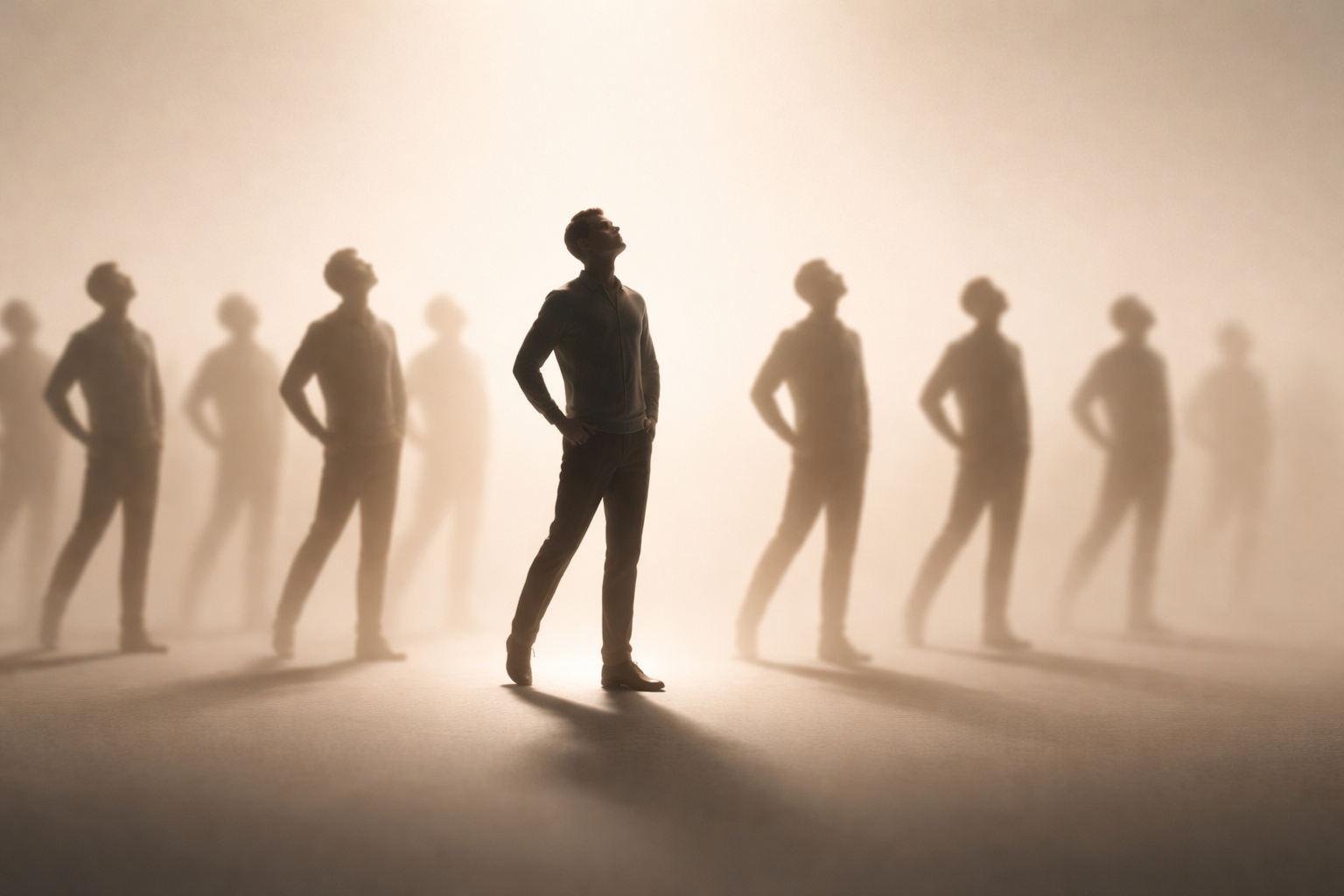 A central figure under bright light while surrounding figures begin to mirror the same posture, symbolizing how attention drives imitation