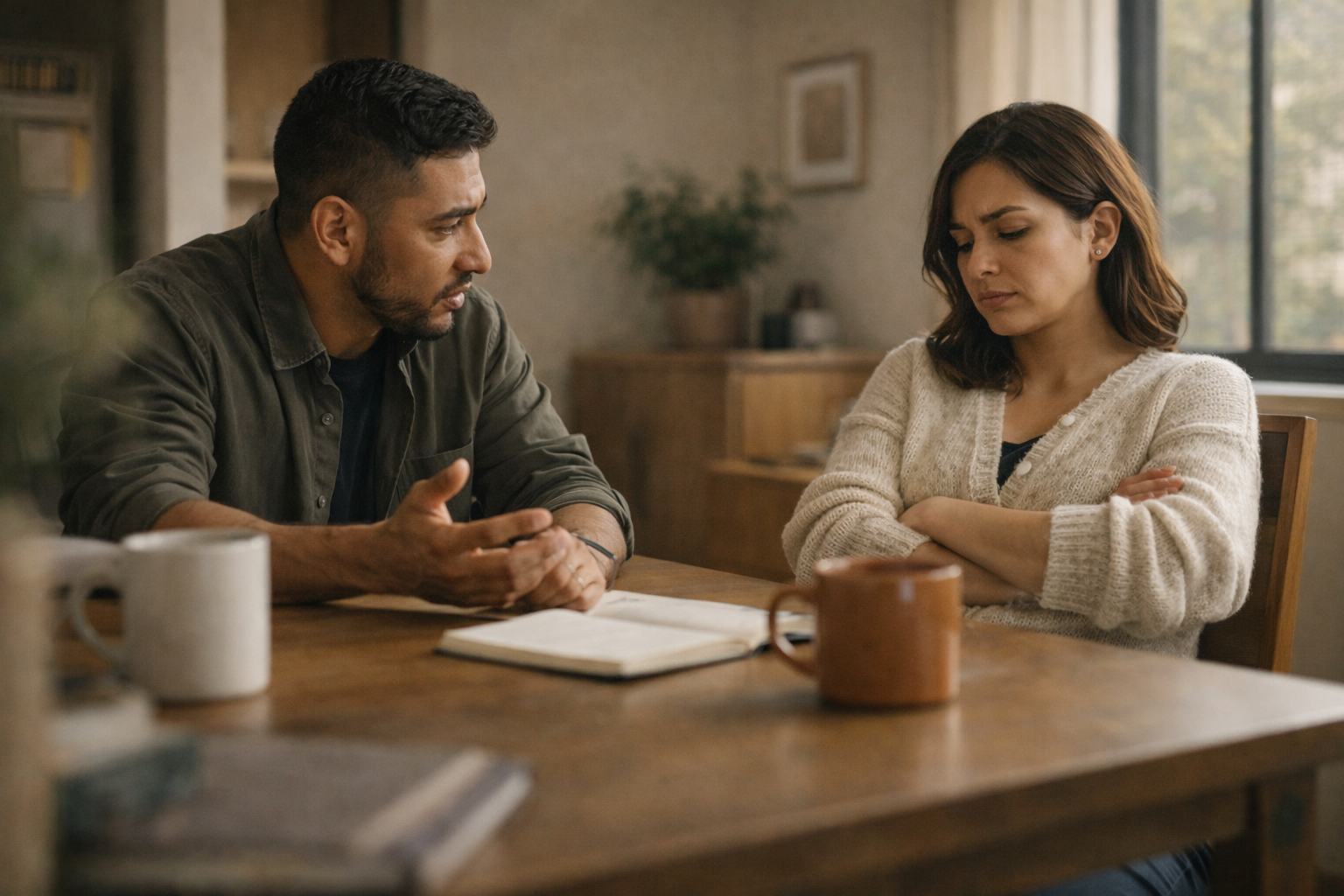 Emotional imbalance in unhealthy relationships shown through two partners sitting with subtle tension at a dining table