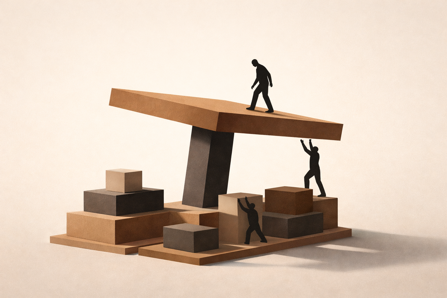 Minimalist architectural illustration showing a large elevated platform supported by smaller foundational blocks with silhouetted figures, highlighting imbalance between visible outcomes and underlying labor.