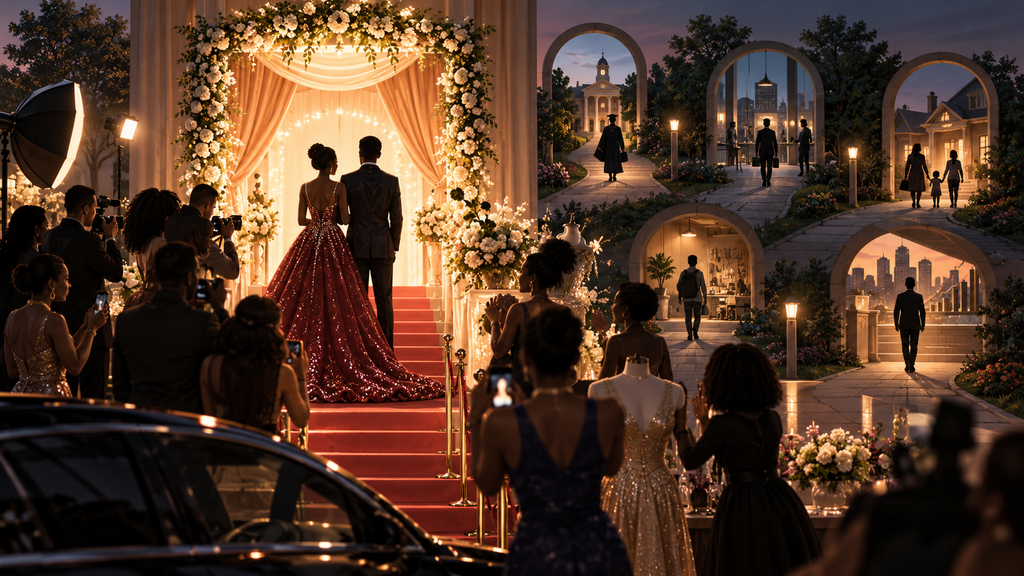 Editorial illustration showing a brightly lit formal celebration surrounded by cameras and family attention, with quieter pathways toward education, work, housing, and other future milestones in the background.