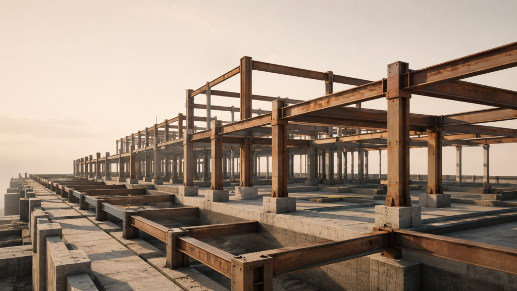 Reinforced architectural framework expanding outward with aligned structural beams representing capacity, control, and disciplined system growth.