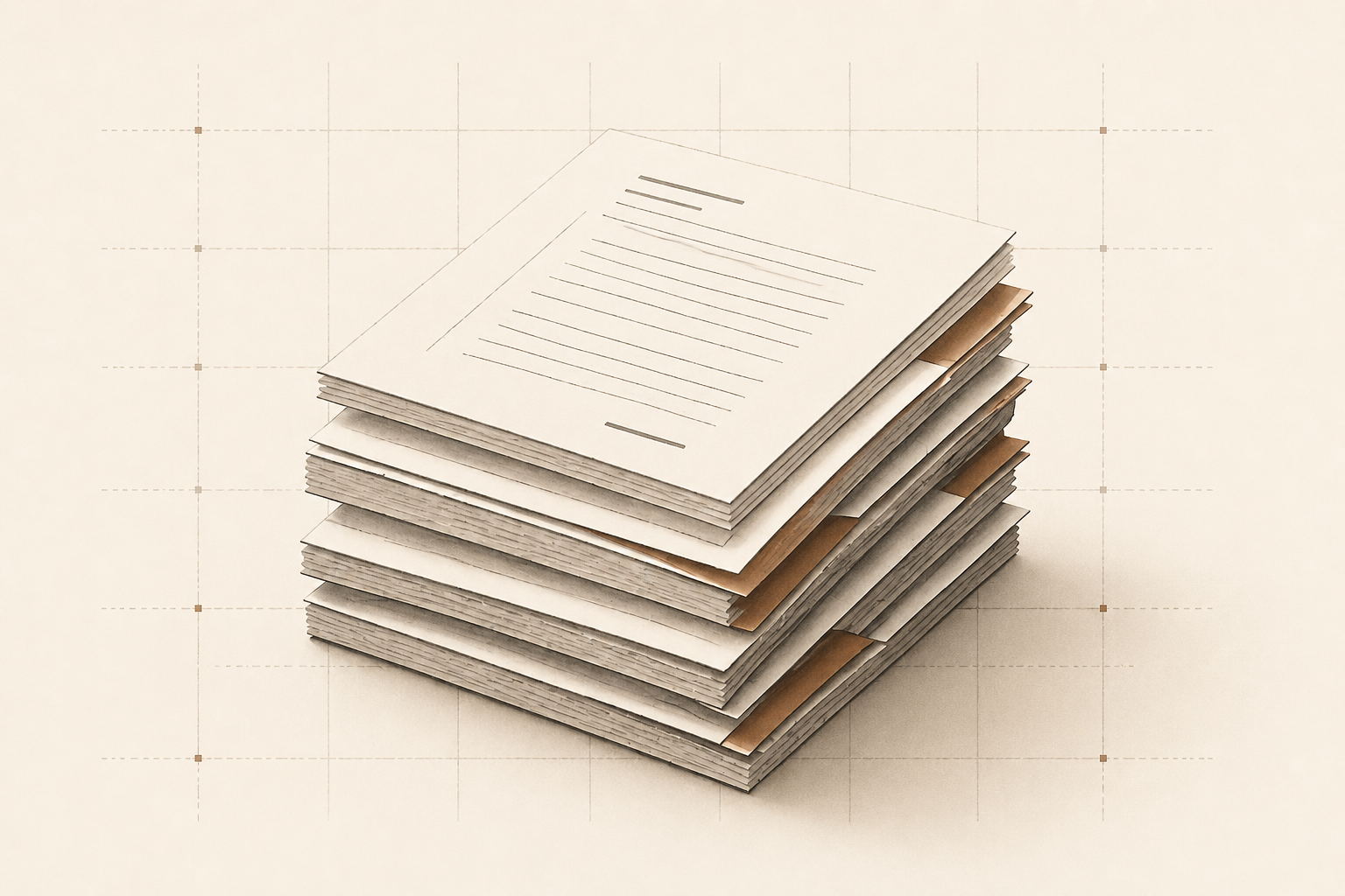 Minimalist layered documents forming a structured stack, representing fatherhood documentation and recorded evidence.