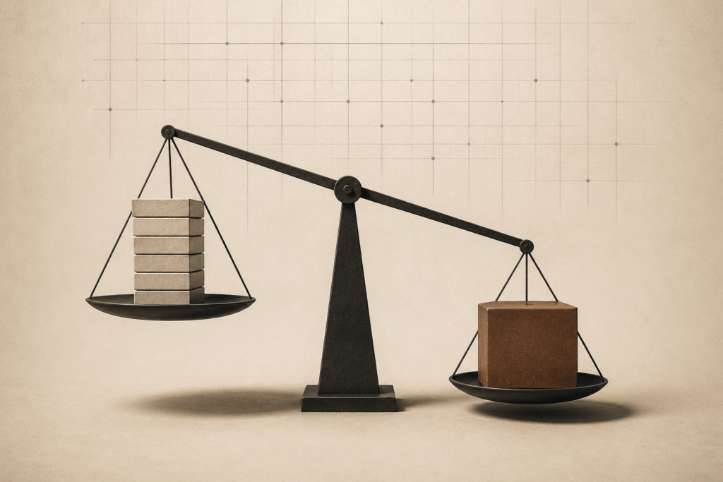 Minimalist scale illustrating the fatherhood responsibility system, showing time as structured blocks and money as a heavier weight creating imbalance.