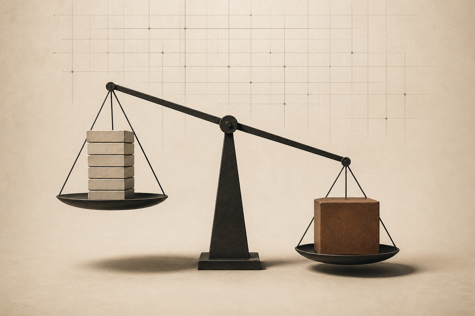 Minimalist scale illustrating fatherhood time vs money, showing structured time blocks and a heavier money weight creating imbalance.
