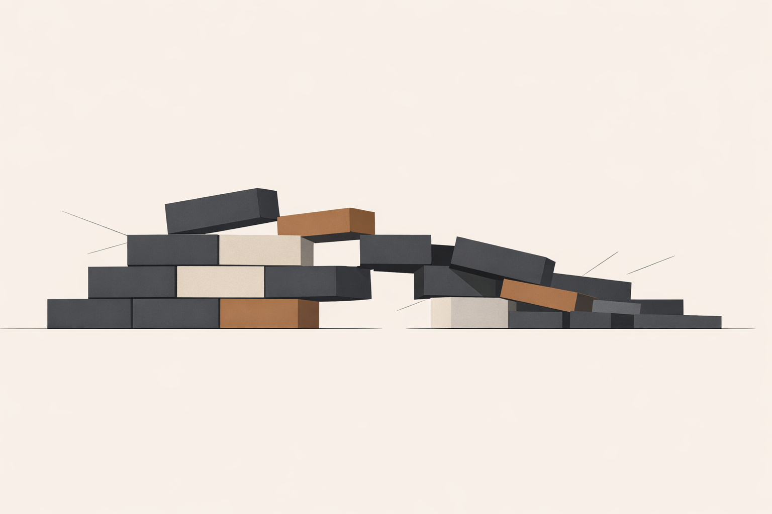 Modern dating system failure shown through a minimalist architectural structure with a solid base and fragmented framing above