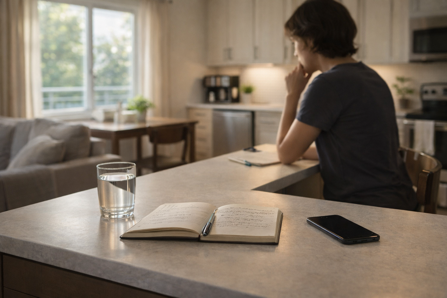 midday correction system in a calm home workspace with person pausing to reset focus and direction