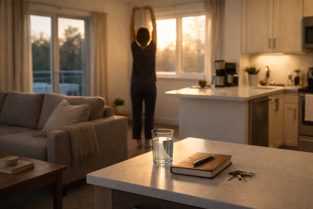 Photorealistic morning interior of a clean, organized apartment with sunlight, a glass of water, notebook, and keys on a kitchen counter, and a person calmly stretching in the background