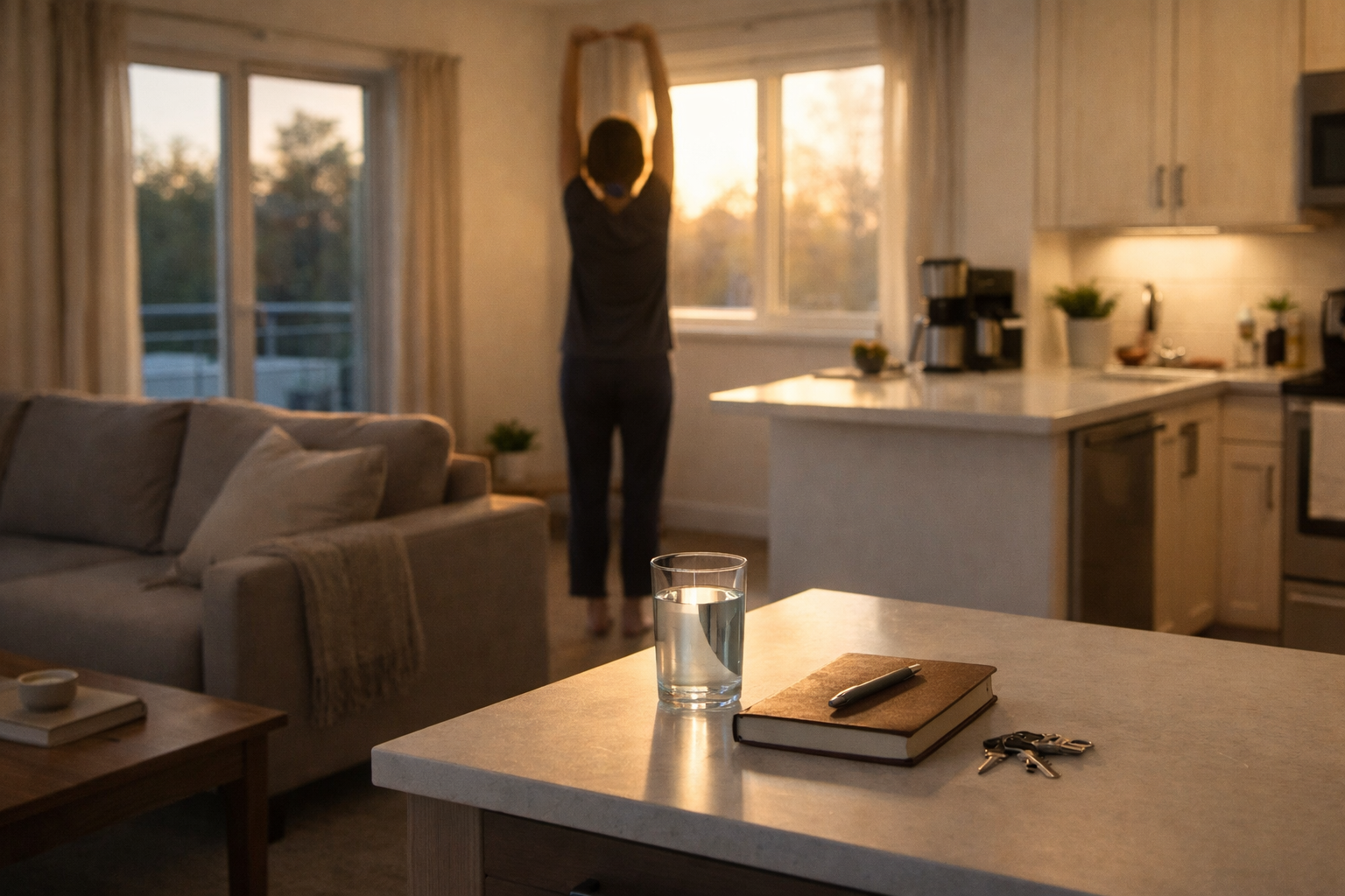 morning activation protocol in a clean home with organized kitchen and calm start to the day