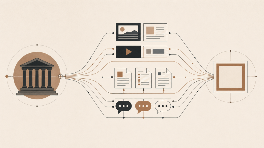 Minimalist illustration showing narrative engineering in politics through structured signals, media channels, and policy framing.