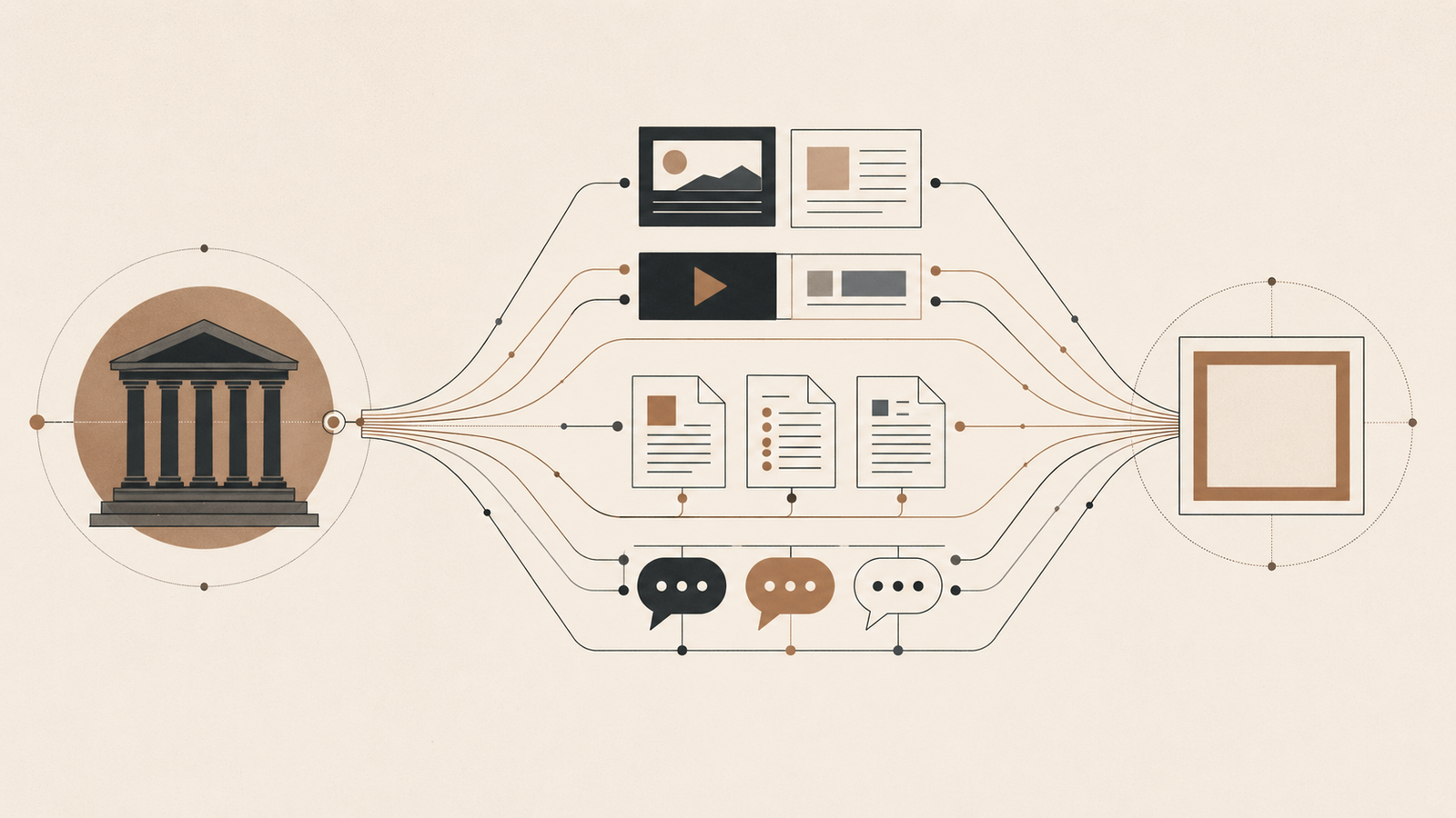 Minimalist illustration showing narrative engineering in politics through media signals and policy framing