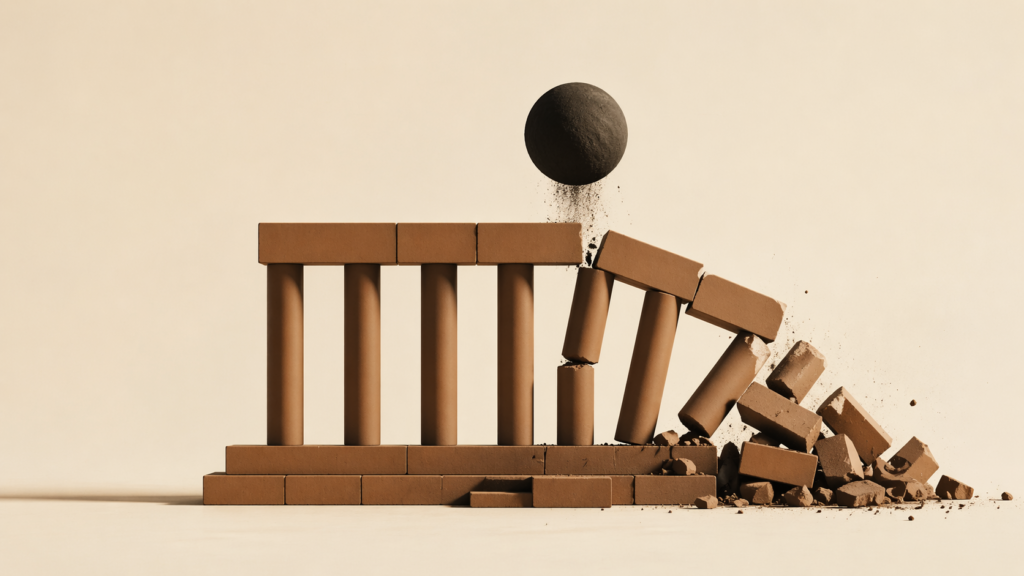 Minimalist diagram showing two parallel structural systems, one stable and aligned and the other collapsing under uneven load, representing system design differences and outcomes.