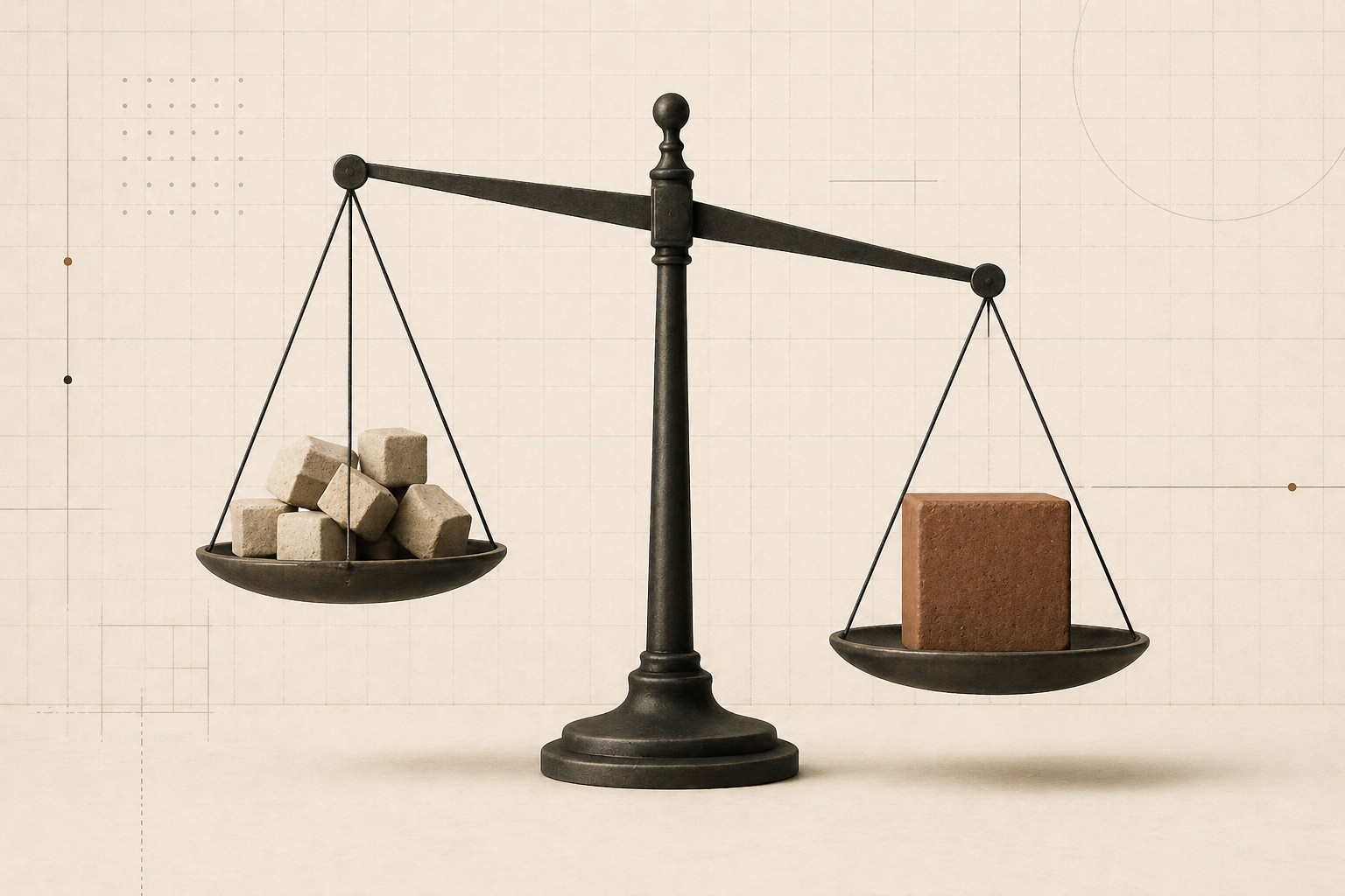 Minimalist balance showing light presence blocks outweighed by a solid proof block, representing documented evidence over untracked time.
