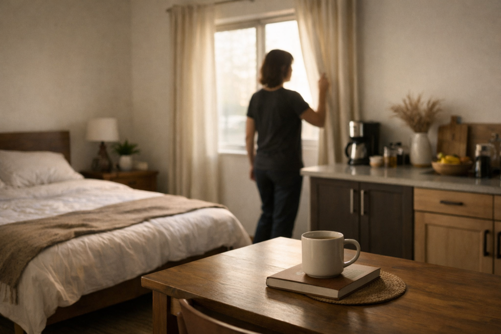 daily routines for stability shown through a calm, organized home morning environment