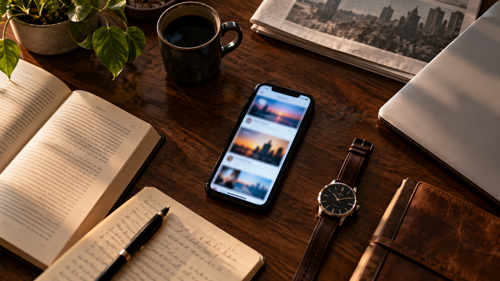 Social Media and the Architecture of Attention Smartphone surrounded by a book, notebook, watch, and other everyday objects, representing competition between social media and deliberate attention.