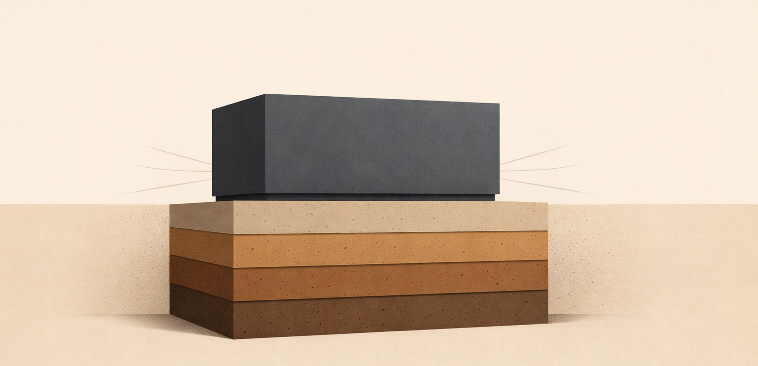 Minimalist structural illustration showing grounded foundations and architectural stability under pressure.