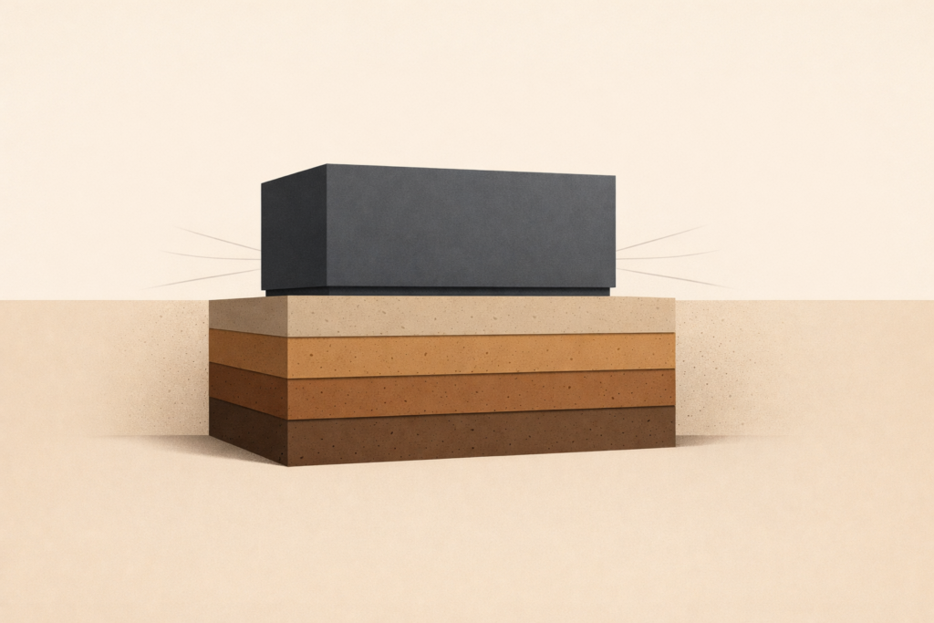 Minimalist illustration of a grounded rectangular structure anchored into deep layered foundation, resisting external pressure without distortion.
