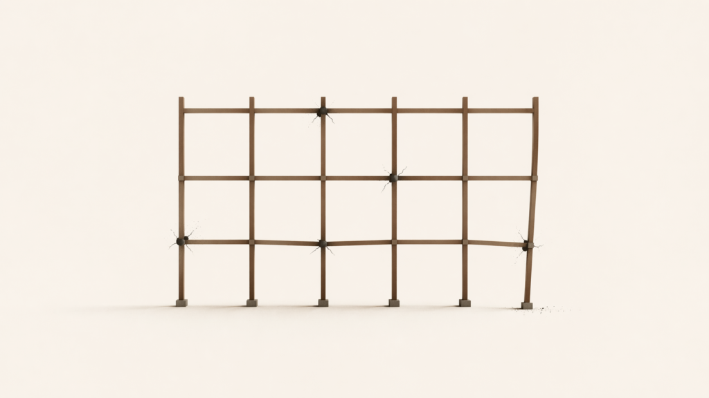 Minimalist structural grid with subtle misalignments at key nodes, representing early system instability before collapse.