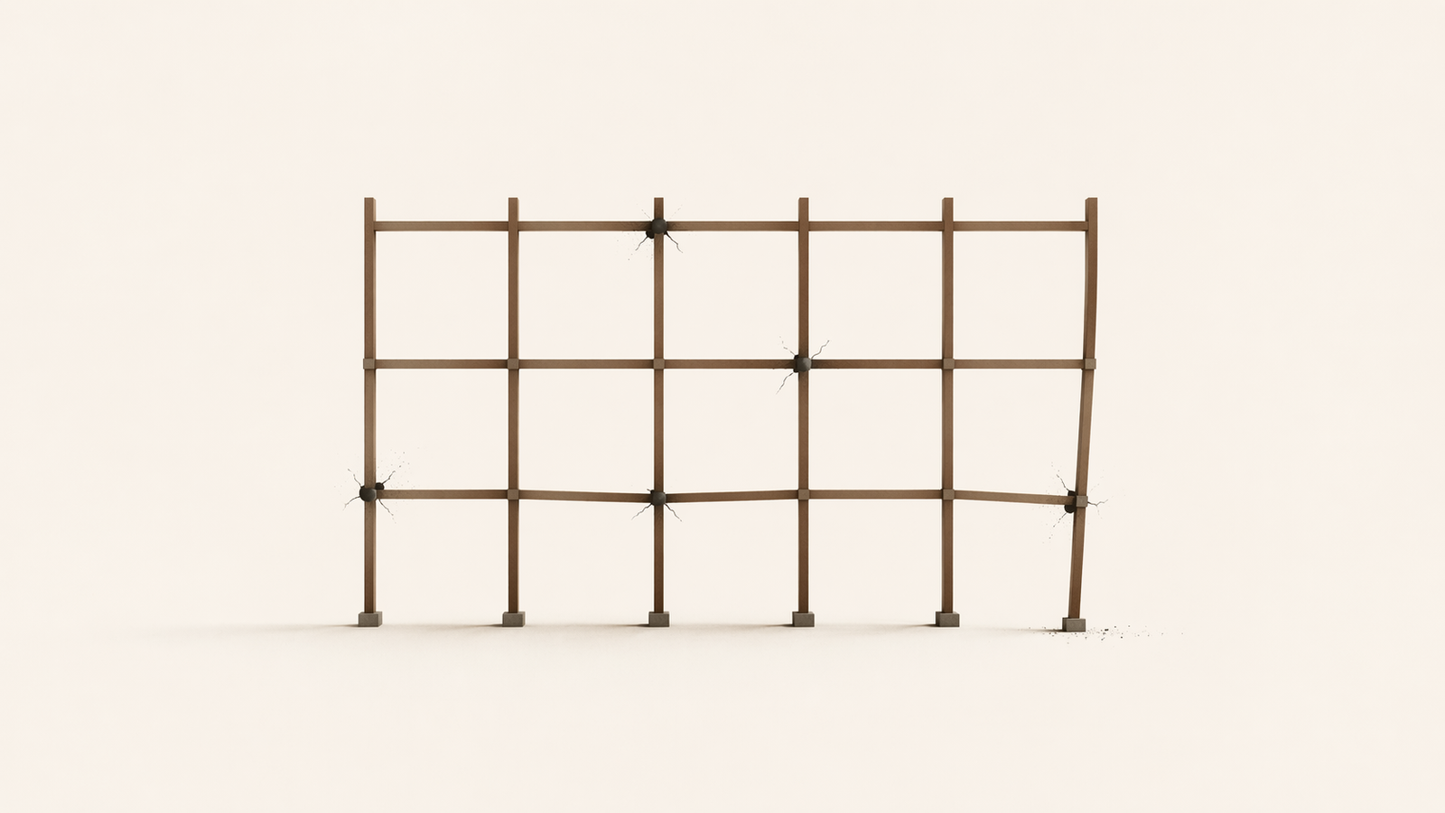 System failure signs shown through a minimalist grid with early stress points and subtle structural misalignment.