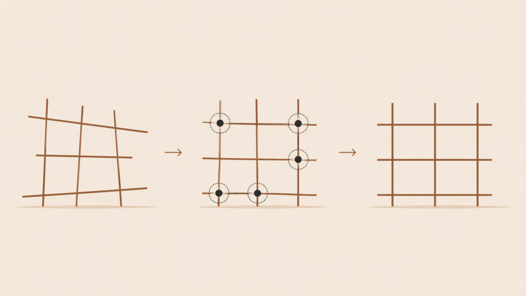 Minimalist diagram showing a misaligned system correcting into stable alignment.