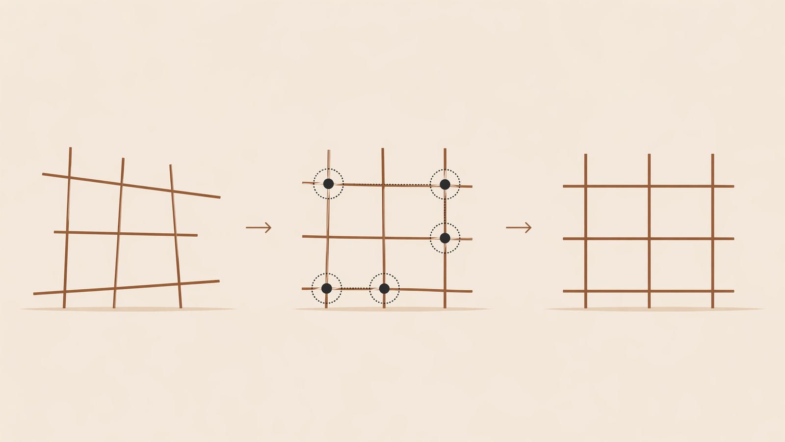 fix a broken system diagram showing structural misalignment corrected into stable alignment