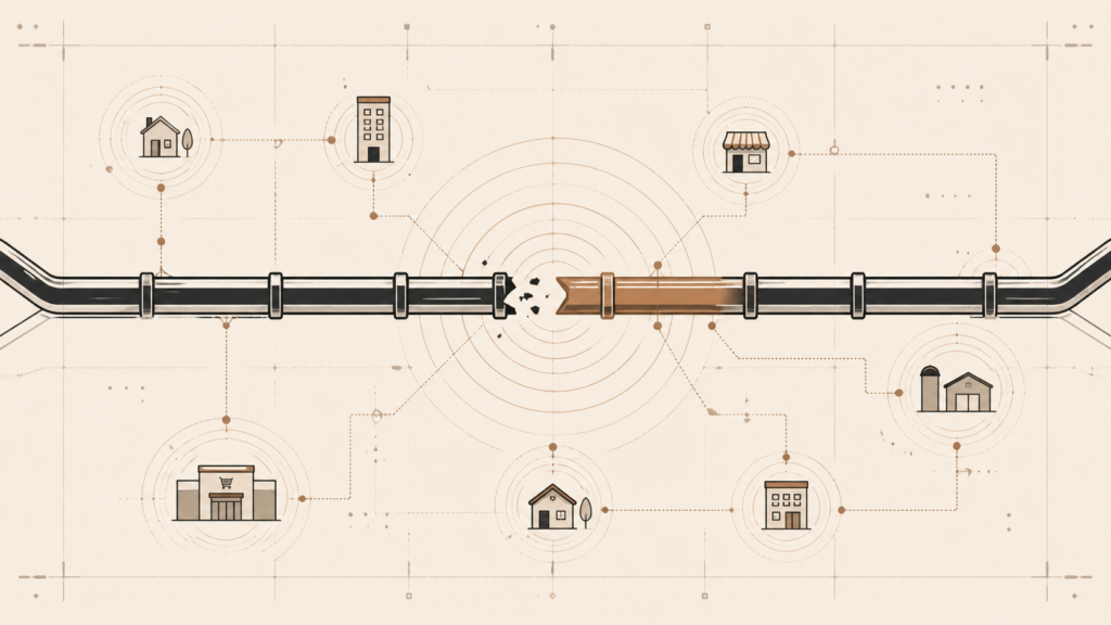 Minimalist illustration of a disrupted and reconnected pipeline representing SNAP system failure and ongoing vulnerability in food aid infrastructure.
