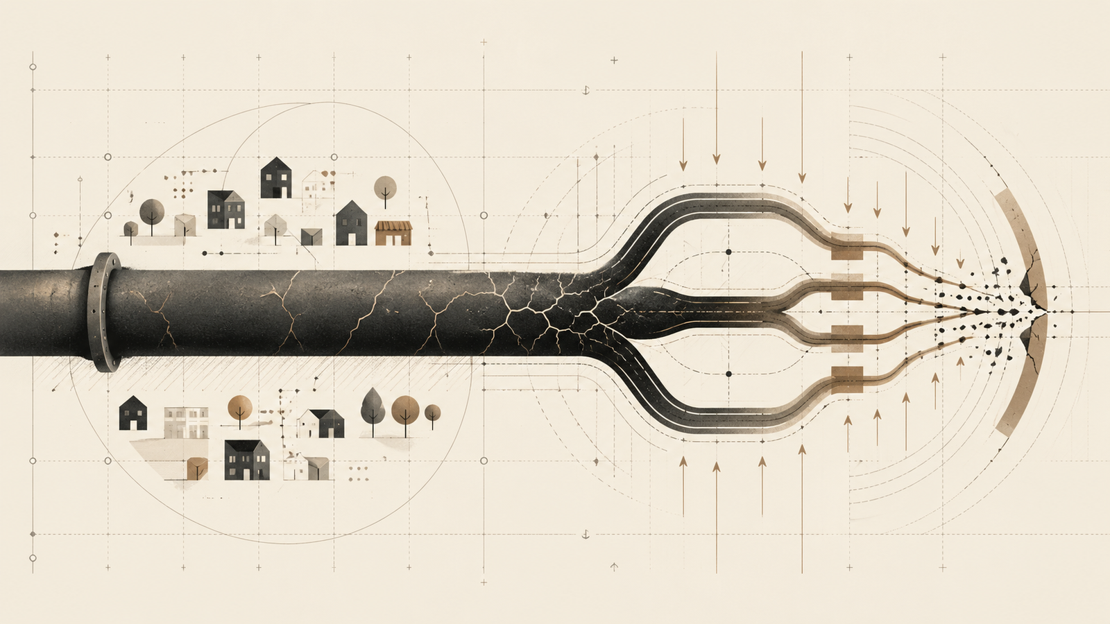 Minimalist illustration of a SNAP pipeline under pressure, showing structural stress and future system failure risk in food aid infrastructure.