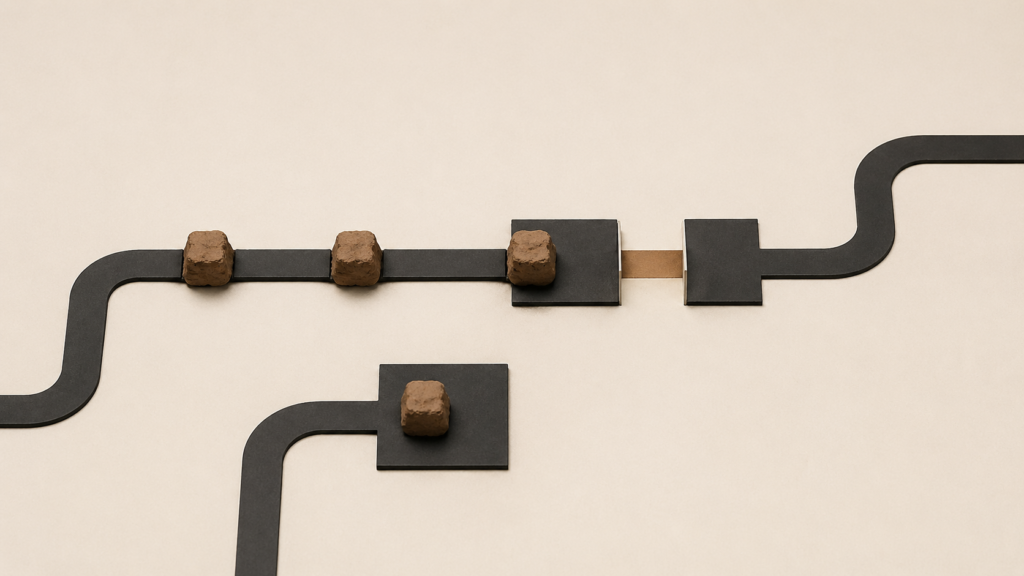 Minimalist structure showing pressure points and a cleared path representing the discipline of naming friction early