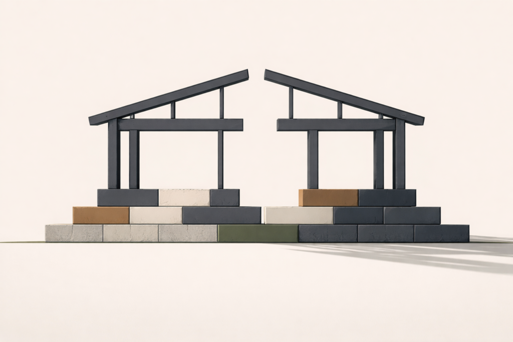 Minimalist architectural illustration of an incomplete upper structure above a solid foundation, representing unstable family formation and disconnected relationships