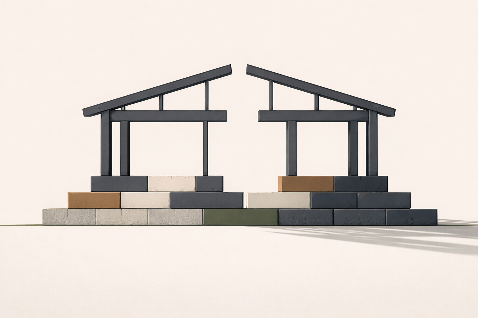 Modern dating system failure represented by an incomplete upper structure above a solid foundation in a minimalist architectural scene