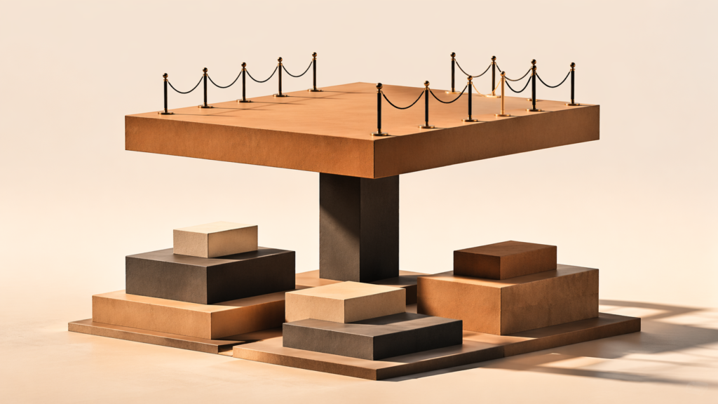 Minimalist architectural illustration showing a controlled entry point with a velvet rope barrier creating separation between visible access and restricted structure, using clean geometric forms and neutral tones.