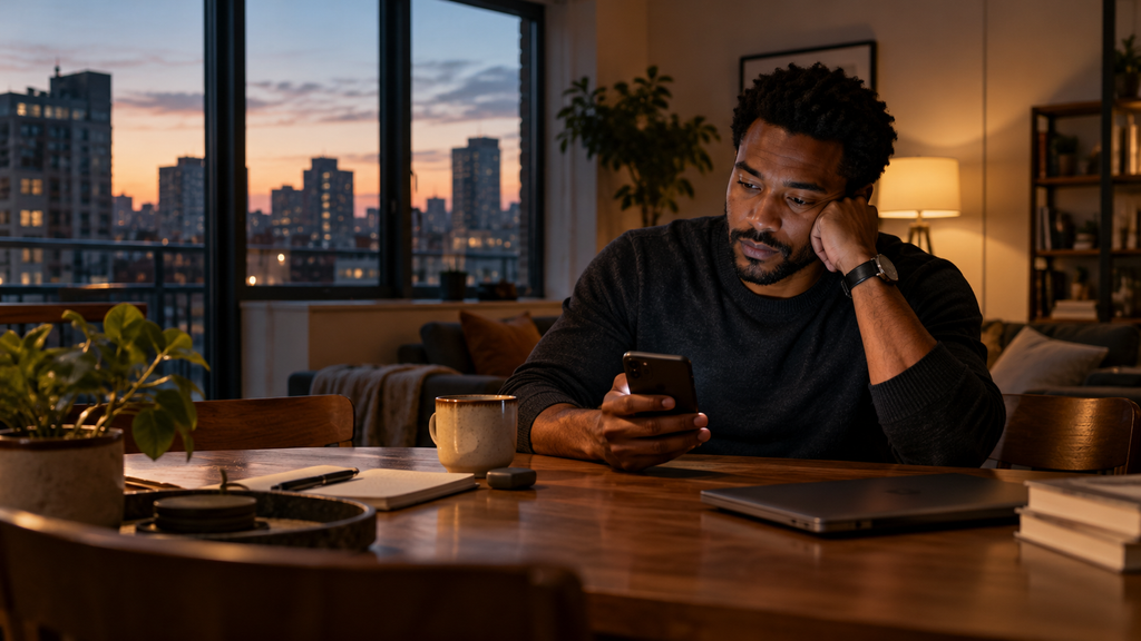 Black American adult pauses while looking at a smartphone at home, illustrating habitual social media use and the difficulty of disconnecting.