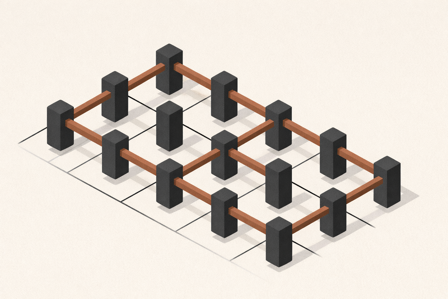 Physical reliability and performance shown as a stable top-down structural grid with evenly spaced load-bearing columns and symmetrical reinforcement beams.
