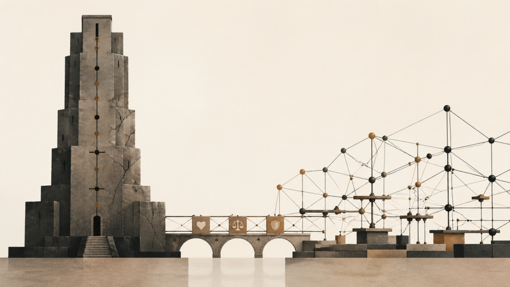 Patriarchal systems shown as an aging command tower beside a distributed digital coordination network, symbolizing structural transition.