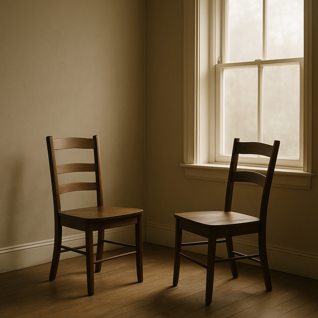 Two empty chairs near a sunlit window symbolizing shared presence and quiet support.