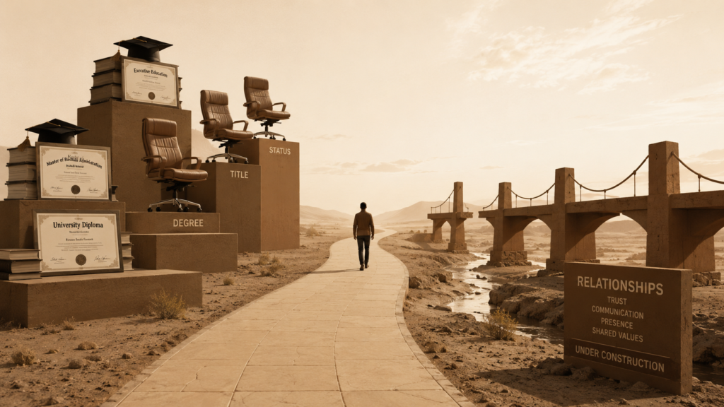 Editorial illustration showing stacked academic diplomas and executive chairs positioned along one side of a structured pathway while unfinished bridges extend from the opposite side, symbolizing the contrast between professional achievement and relationship development.