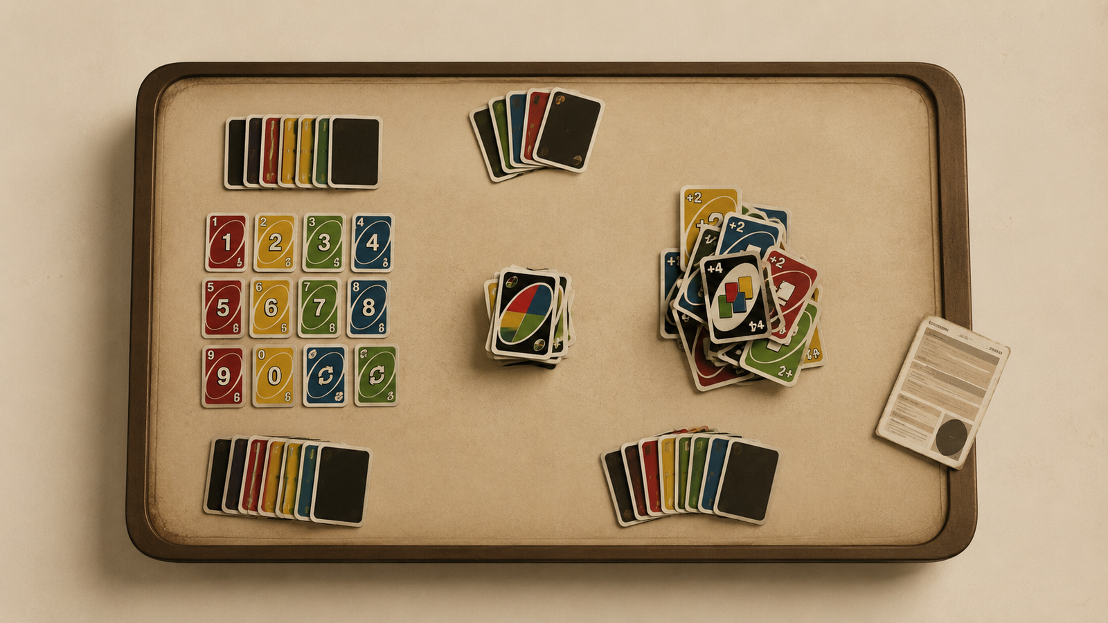 Uno rule lawyer conflict shown through Uno-style cards arranged under different house rules and relationship expectations