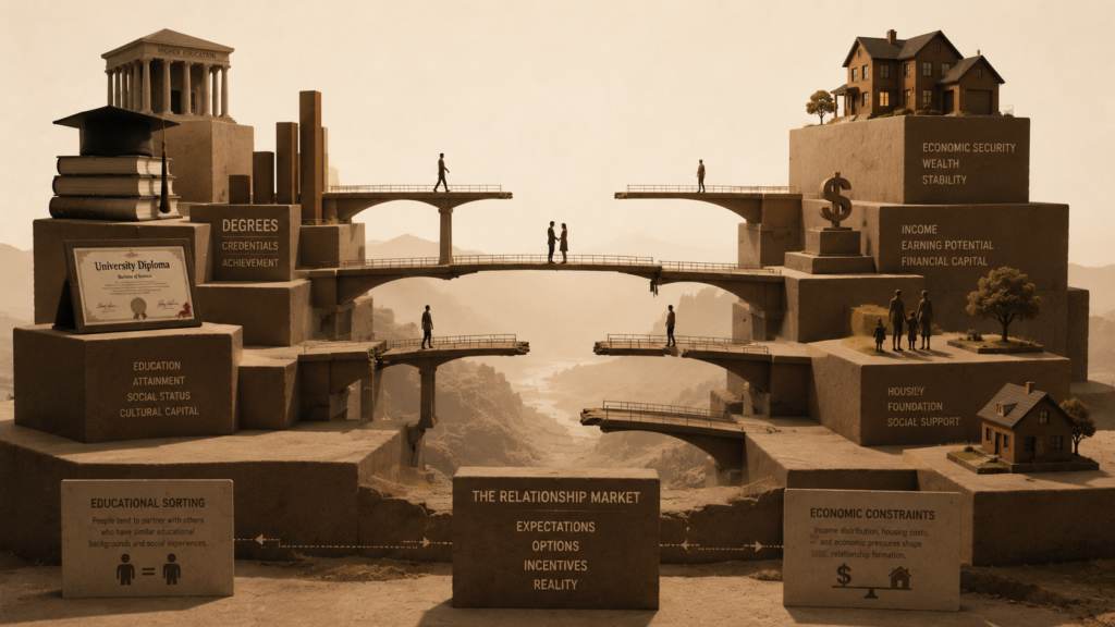 Editorial illustration showing elevated academic and economic structures connected by narrowing bridges, symbolizing educational sorting, income distribution, and the economic dating divide.